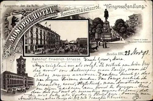 Vorläufer Litho Berlin Mitte, Monopol Hotel, Untern den Linden, Bahnhof Friedrichstraße, 1893