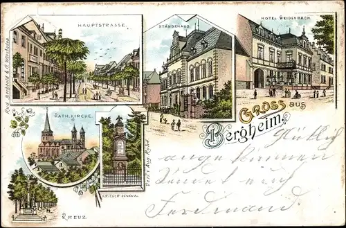 Litho Bergheim an der Erft, Ständehaus, Hauptstraße, Kriegerdenkmal, Kirche, Hotel Weidenbach