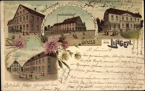 Litho Lingen im Emsland, Landratsamt, Hotel Hüvett, Geschäfte