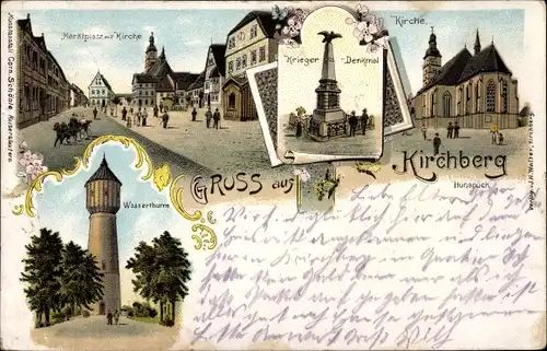 Litho Kirchberg im Hunsrück, Wasserturn, Kirche, Kriegerdenkmal, Marktplatz