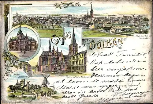 Litho Dülken Viersen Nordrhein Westfalen, Kirche, Kaiser Wilhelm Denkmal, Windmühle, Rathaus