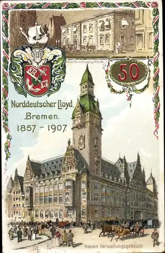 Wappen Ak Hansestadt Bremen, Norddeutscher Lloyd, altes und neues Verwaltungsgebäude