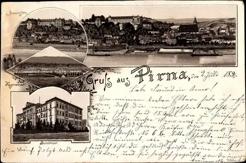 Litho Pirna an der Elbe, Seminar, Kaserne, Totalansicht der Ortschaft