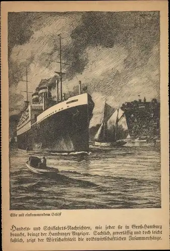 Künstler Ak Hamburg, Elbe mit einkommendem Schiff