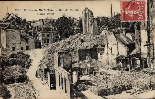 Ak Béthune Pas de Calais, Rue du Carillon, Ruines, Kriegszerstörungen, I. WK