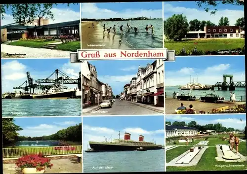 Ak Nordenham in Oldenburg Niedersachsen, Jugendherberge, Minigolf, Weserstrand, Bahnhofstraße, Fähre