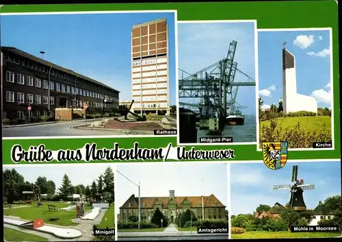 Ak Nordenham in Oldenburg, Midgard Pier, Amtsgericht, Rathaus, Minigolf, Mühle in Moorsee, Kirche