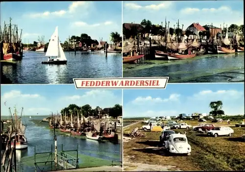 Ak Fedderwardersiel Butjadingen Wesermarsch, Hafen, Boote, Autos