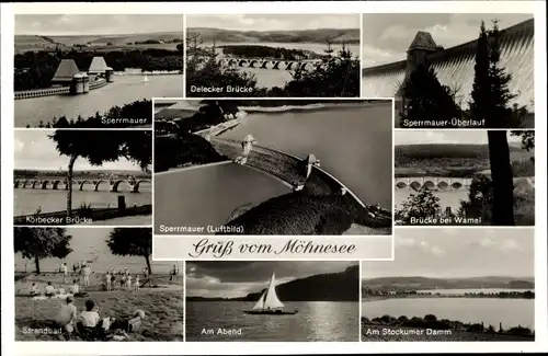 Ak Möhnesee in Westfalen, Sperrmauer, Körbecker Brücke, Strandbad, Stockumer Damm, Segelboot