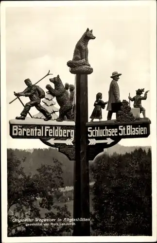 Ak Altglashütten Feldberg im Schwarzwald Baden Württemberg, Origineller Wegweiser, Fuchs