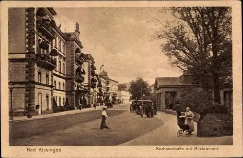 Ak Bad Kissingen Unterfranken Bayern, Kurhausstraße mit Maxbrunnen, Kinderwagen