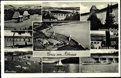Ak Möhnesee in Westfalen, Möhnetalsperre, Sperrmauer, Delecker Brücke, Körbecker Brücke