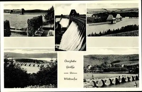 Ak Möhnesee in Westfalen, Möhnetalsperre, Sperrmauer, Delecker Brücke, Körbecker Brücke, Talsperre
