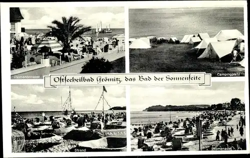 Ak Ostseebad Grömitz in Holstein, Palmeterrasse, Zeltplatz, Strand, Promenade