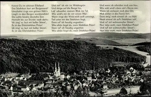 Ak Prüm in der Eifel, Gesamtansicht, Gedicht, Kennst du im schönen Eifelland...