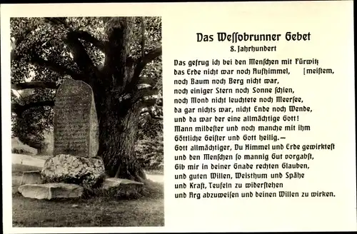 Ak Wildsteig im Schongau Oberbayern, Wessobrunner Gebet, Denkmal, Stein