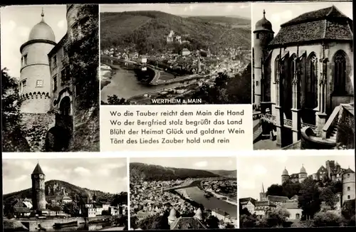 Ak Wertheim am Main, Ortsansichten, Kirche, Burg, Wo die Tauber reicht dem Main die Hand...