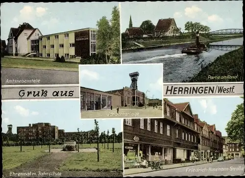 Ak Herringen Hamm in Westfalen, Schachtanlage, Husemann Str., Amtsnebenstelle, Ehrenmal, Jahnschule