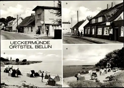 Ak Bellin Ueckermünde in Vorpommern, Gaststätte Dorfkrug, Partie am Strand, Ortsansicht