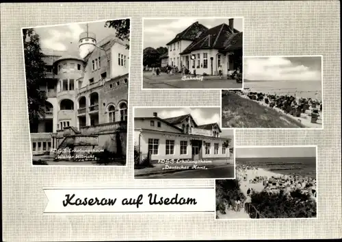Ak Kaserow Usedom, FDGB Erholungsheim "Walter Ulbricht" u. "Deutsches Haus, Bahnhof, Strandpartie