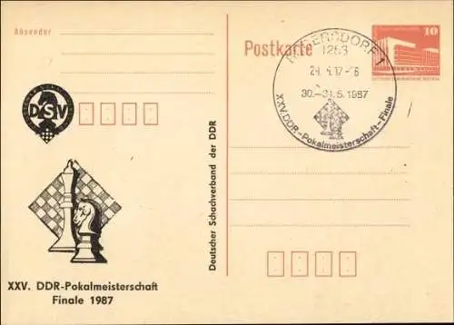 Ganzsachen AK Schach, XXV. DDR-Pokalmeisterschaft, Finale 1987, Deutscher Schachverband, Rüdersdorf