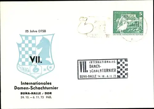 Ak Schach, Stempel 25 Jahre DTSB, VII. Int. Damen-Schachturnier, Buna-Halle, DDR, 1973