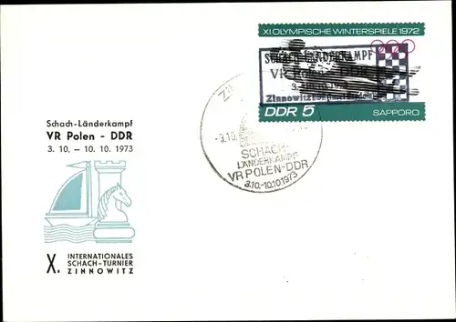 Ak Schach, Stempel Schach-Länderkampf, VR Polen - DDR, 1973, X. Int. Schach-Turnier Zinnowitz