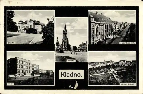 Ak Kladno Kladen Region Mittelböhmen, Namesti, Kirche, Straßenpartie, Schule, Namesti Svobody