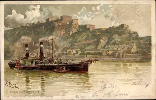 Künstler Litho Reiss, Fr., Ehrenbreitstein Koblenz am Rhein, Ort, Salondampfer, Burg