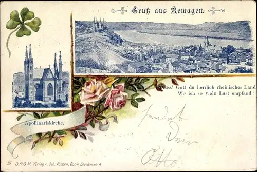 Litho Remagen am Rhein, Apollinariskirche, Gesamtansicht, Glücksklee