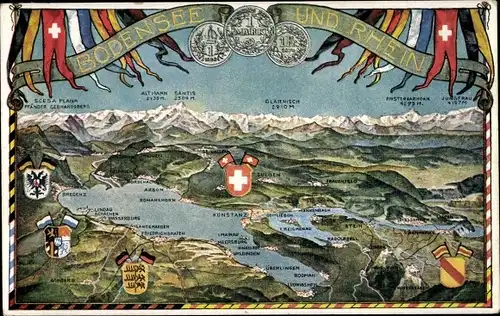 Wappen Ak Lindau am Bodensee Schwaben, Bodensee und Rhein, Münzen, Fahnen