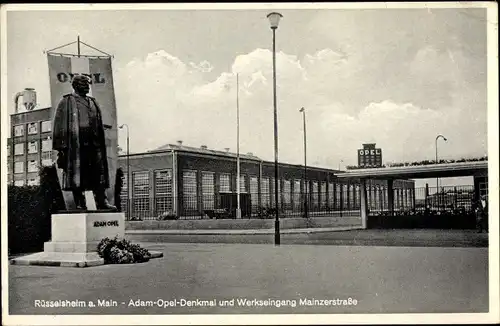 Ak Rüsselsheim am Main Hessen, Adam Opel Denkmal, Werkseingang Mainzerstraße