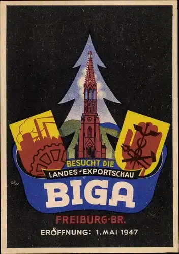 Ak Freiburg im Breisgau, BIGA Landesexportschau, Eröffnung 1. Mai 1947, Wappen, Kirche
