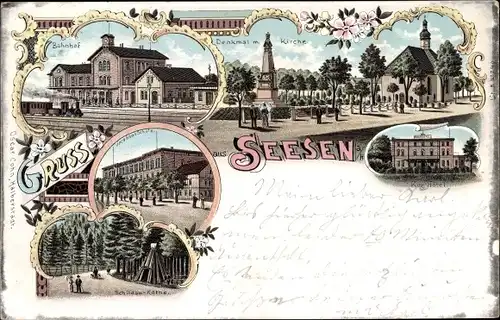 Litho Seesen am Harz, Bahnhof, Gleisseite, Jacobsonschule, Schildau Kathe, Kurhotel, Kirche, Denkmal