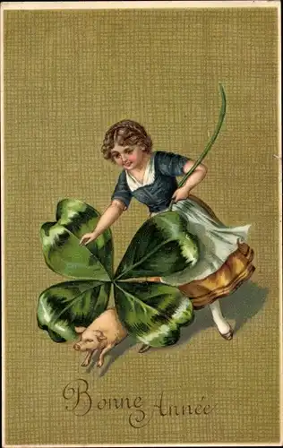Ak Glückwunsch Neujahr, Bonne Année, Mädchen mit Kleeblatt, Schwein