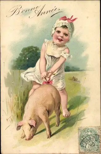 Ak Glückwunsch Neujahr, Bonne Année, Kind mit Schwein
