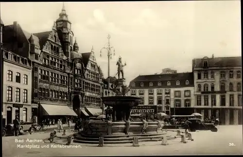 Ak Aachen in Nordrhein Westfalen, Marktplatz, Karlsbrunnen