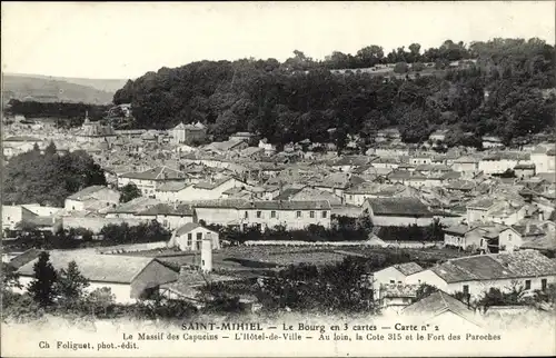 Ak Saint Mihiel Meuse, Le Bourg en 3 cartes, Le Massif des Capucins, Hotel de Ville