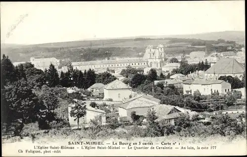 Ak Saint Mihiel Meuse, Le Bourg en 3 cartes, Eglise Saint Etienne, Le Quartier de Cavalerie