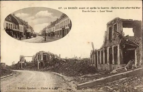 Ak La Bassée Nord, Rue de Lens, Avant et apres la Guerre