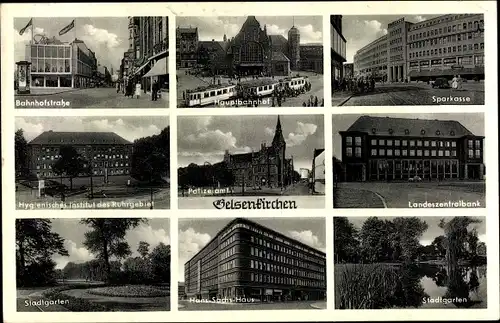 Ak Gelsenkirchen im Ruhrgebiet, Polizeiamt, Hauptbahnhof, Sparkasse, Landeszentralbank, Stadtgarten