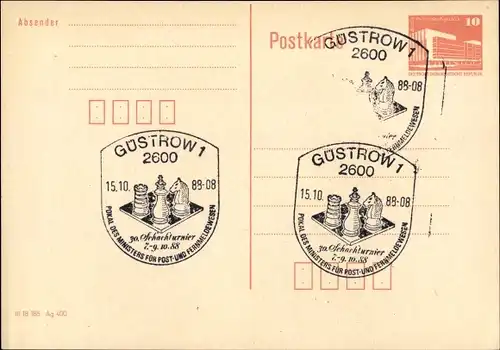 Ganzsachen Ak Güstrow, Schach, 30. Schachturnier 1988, Pokal d. Ministers f. Post- u. Fernmeldewesen