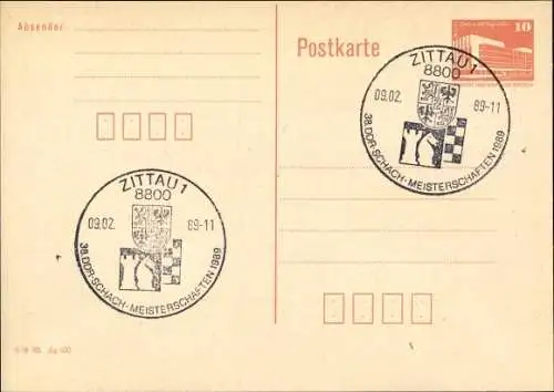 Ganzsachen Ak Schach, Stempel: Zittau, 38. DDR-Schach-Meisterschaften, 1989