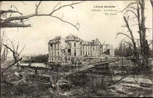 Ak Pinon Aisne, Le Château, ruine, vue générale