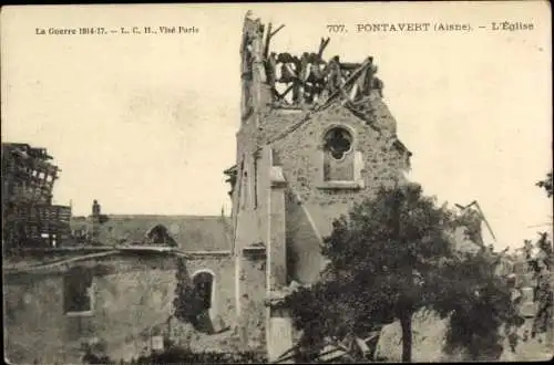 Ak Pontavert Aisne, L'Eglise, Kriegszerstörungen, I. WK