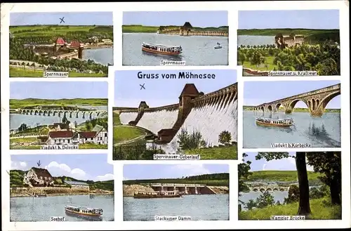 Ak Möhnesee in Westfalen, Möhnetalsperre, Viadukt bei Delecke, Sperrmauer, Seehof, Stockumer Damm
