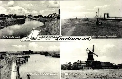 Ak Carolinensiel Wittmund in Ostfriesland, Harlepartie, Windmühle, Fischerflotte, Anlegeplatz