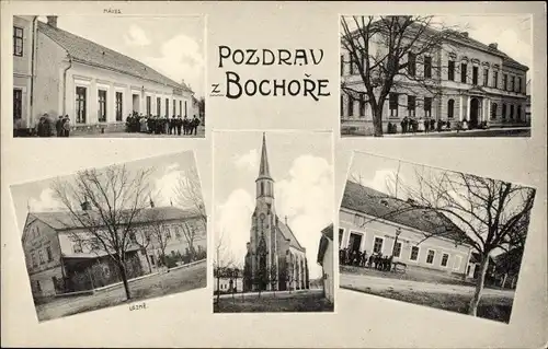 Ak Bochoř Bochorz Bochorsch Region Olmütz, Ortsansichten, Kirche, Amtsgebäude