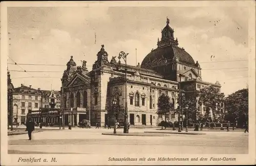 Ak Frankfurt am Main, Schauspielhaus mit dem Märchenbrunnen u. d. Fausgarten