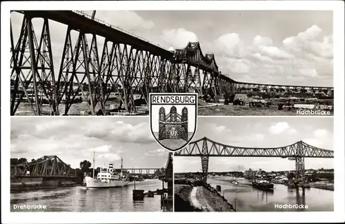 Ak Rendsburg in Schleswig Holstein, Hochbrücken, Drehbrücke, Wappen